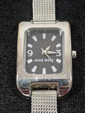 Nine West Black Dial Silver Tone Rectangle Case Mesh Stainless Steel Band Watch