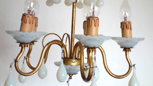 Florentiner Vergoldete Metall Murano Opalin Glastropfen Kronleuchter, Lüster - Bild 6 von 12