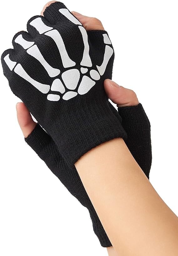 MEN WOMEN KIDS BLACK WHITE LARGE SKELETON MIDDLE FINGER COSTUME GLOVES-NEW!