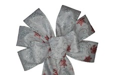 Large 10" Hand Made White, Red  Silver Snowflake Bow - Christmas Winter Wreath