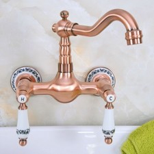 Antique Red Copper Bathroom Basin Sink Faucet Dual Handles Mixer Tap Wall Mount