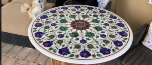 30´´ white round Marble Center corner Table Top Inlay blue lapis antique isa