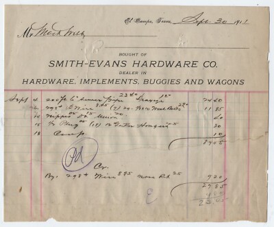 1911 BILLHEAD EL CAMPO TEXAS, SMITH-EVANS HARDWARE