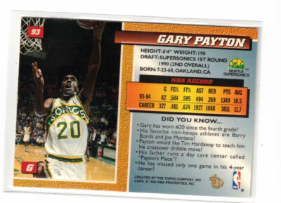 1994-95 TOPPS MB GARY PAYTON GOLDEN IDOL CARD#93 SONICS LAKERS OREGON ST