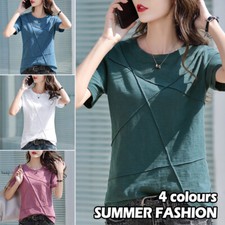 Women Summer Round T-Shirt Neck Short Sleeve Solid Slim Casual Blouse Loose Tops