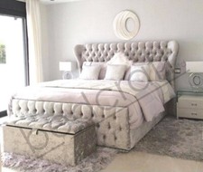 Image of OXFORD PLUSH CURVED WINGBACK BED | Hand Upholstered Plush or Crushed Velvet.