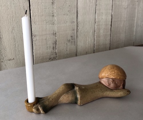 Art Pottery Speckled Glaze Sculpture Figurine Whimsical Boy In Hat Candle Holder