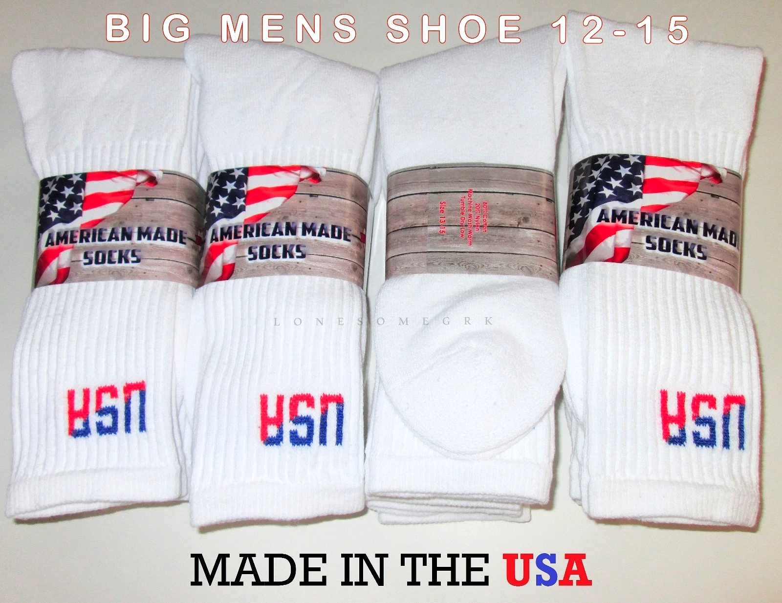 12 Pairs BIG Mens Shoe USA Logo White Light Cushioned Cotton Crew Socks US Made