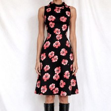 Vintage Y2K Black Red Floral Sleeveless Knee Length Flared A-Line Dress Size M