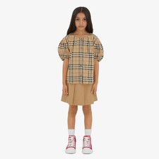 NWT 375 BURBERRY Girl's Sheryl Button-up Puff-sleeve Blouse - Beige Check - 6Y