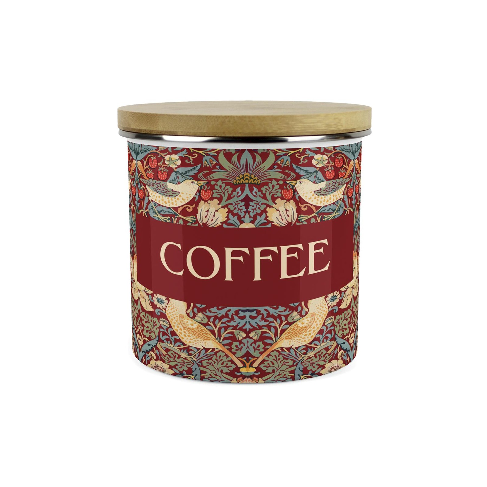 Red Strawberry Thief Coffee Storage Canister - Enamel & Bamboo Kitchen Container