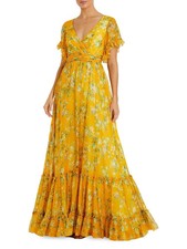 NEW, Mac Duggal Floral Flounce Sleeve Maxi Dress in Yellow Sz 10 LD0223