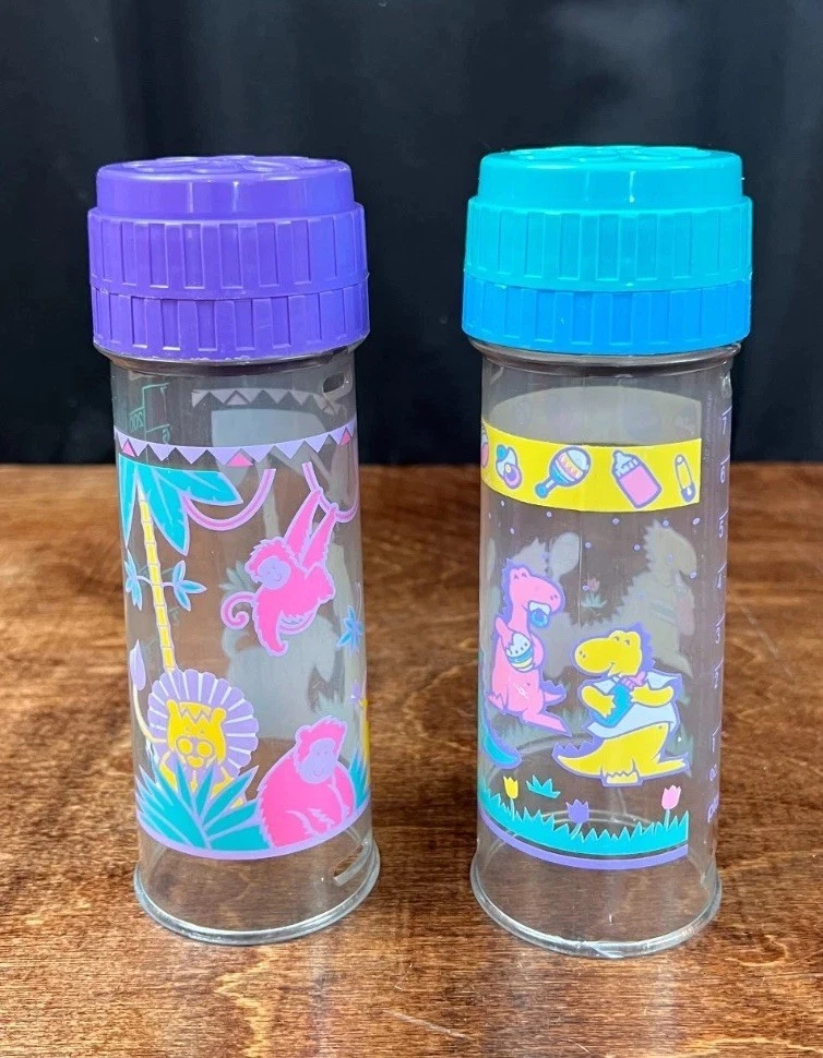 Vintage 1990s Playtex Nurser Drop-In Baby Bottles Animals & Dinosaurs Lot of 2