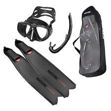 SEAC Tris Motus Set Long Fins, Mask, Snorkel Bag, Black, Size 8-8.5