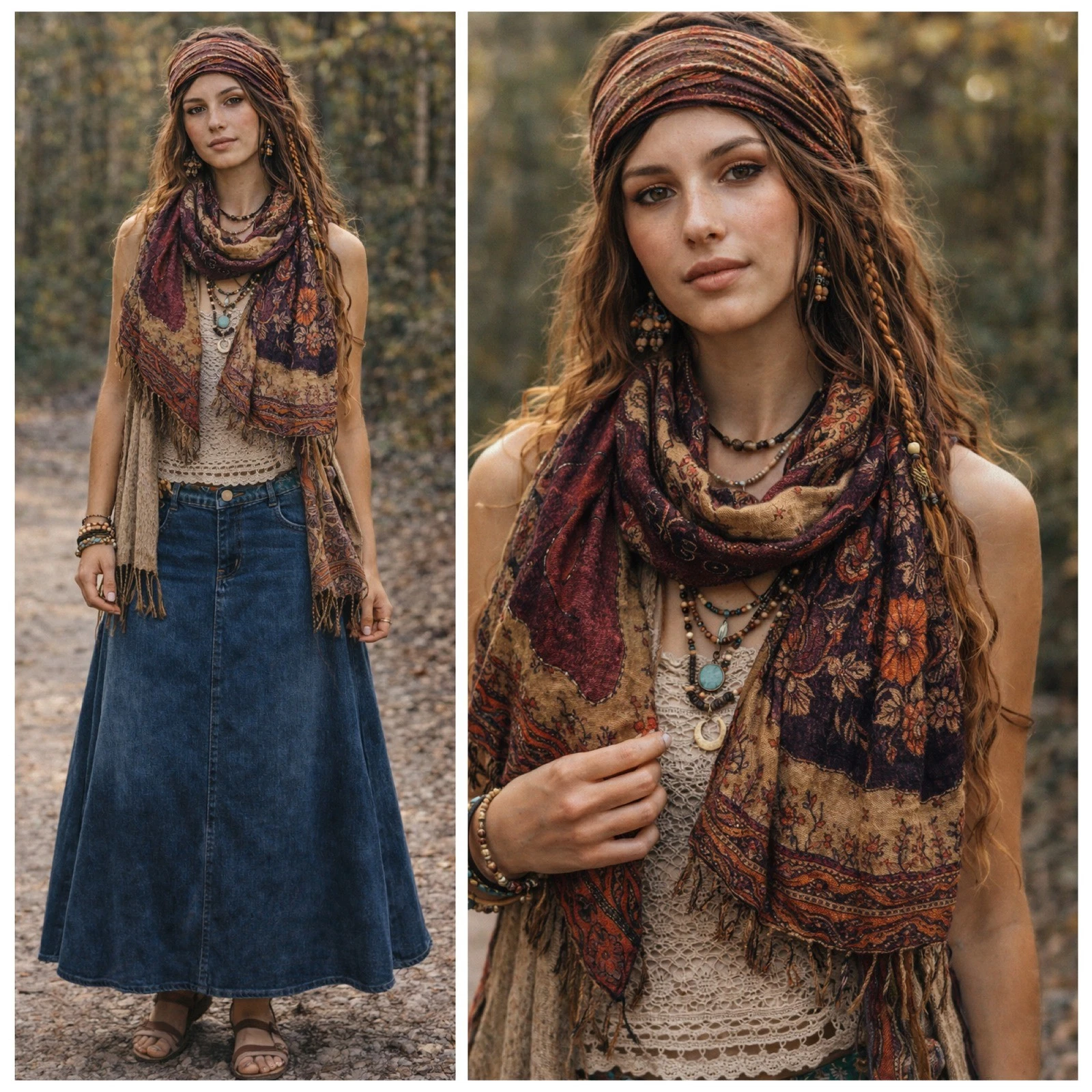 Pashmina Scarf Burgundy Beaded Floral Boho Gypsy Wrap Butterflies