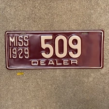 1929 Mississippi Dealer License Plate Auto Tag Garage Decor Vintage 509