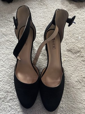 IDIFU Black Faux Suede Closed Toe Block Heel Pumps Ankle Strap Buckle for Women