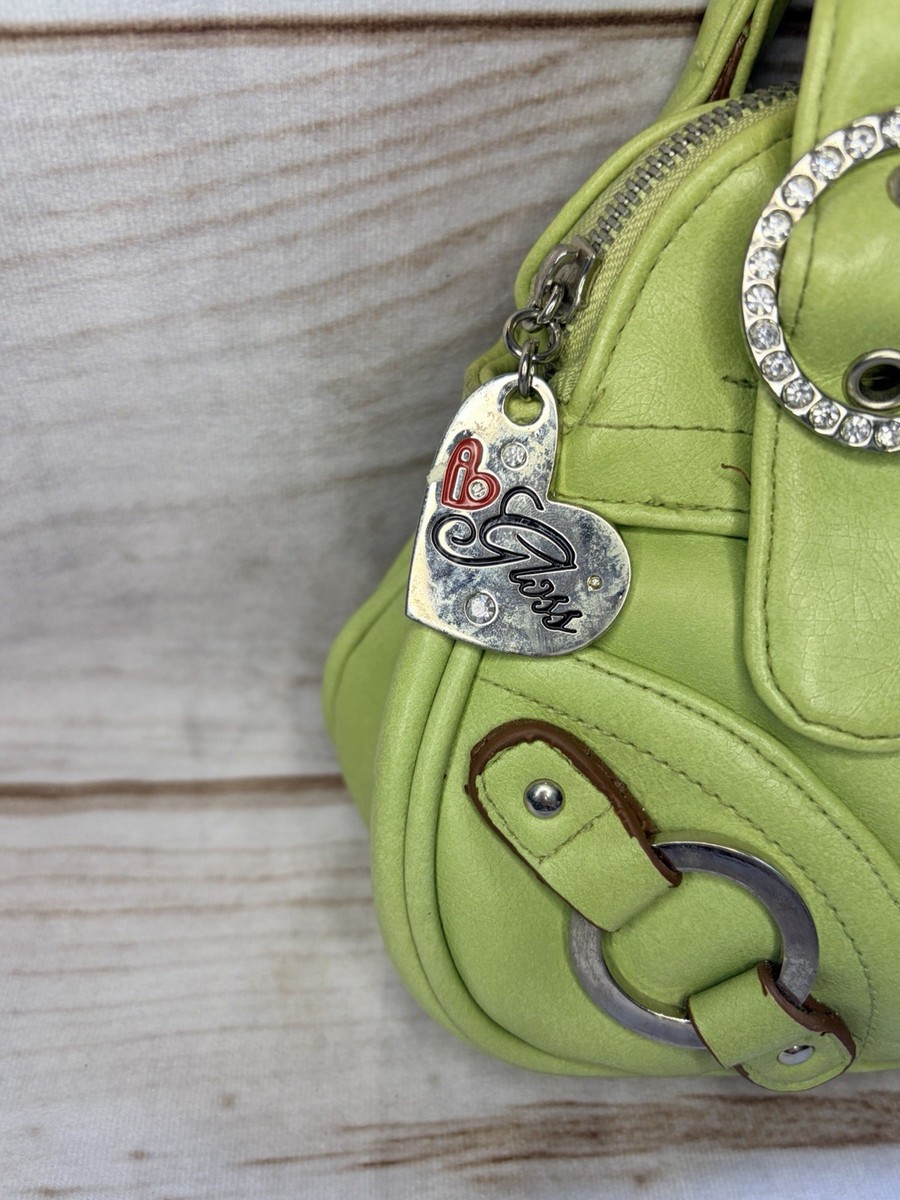 Guess Y2K Lime Green Shoulder Hand Bag Rhinestone Charm McBling