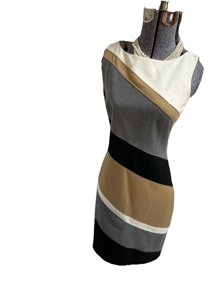 Traje de Vestido Casa Blanca Mercado Negro Talla 4 Diagonal Bloque de Color Rayas Lana WHBM Foto 2 de 4