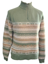 Woolrich 100 Lambs Wool Fair Isle Snowflake Nordic 1/4 Zip Sweater Sage Green S