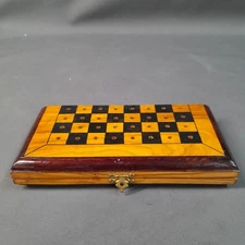 Foldable Chess Set With Marquetry. Wooden Pieces. 1980 CA.