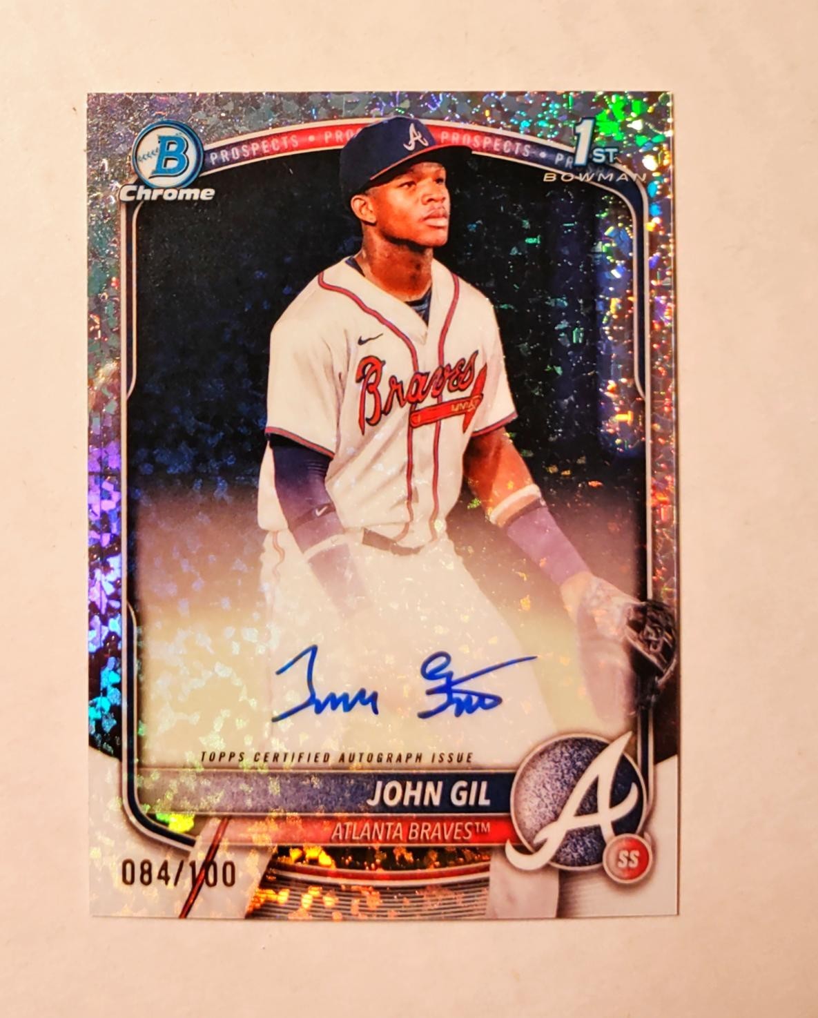 John Gil 2025 1st Bowman Chrome AUTO Mini-Diamond REFRACTOR 084/100 Braves RC U6