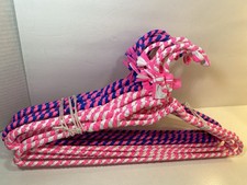 One Dozen 12 Hand Crocheted Woven Plastic Ribbon Covered Wire Hangers Pink Blu
