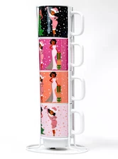 Black Paper Party Rich Auntie Vibes Ceramic 12oz 4pc Mug Cup Tower Stack Set NIP
