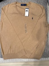 Polo Ralph Lauren Men s V-Neck 100 Cotton Sweater Brown Pony Logo Size L NWT