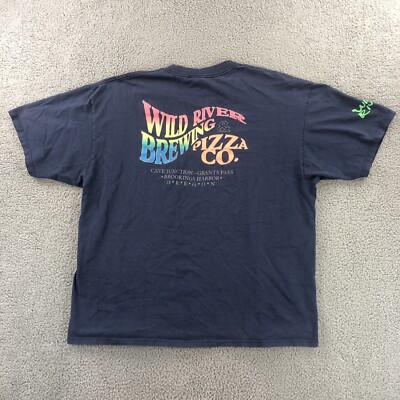 Wild River Brewing Pizza Co T-Shirt Mens Navy Blue Distressed Graphic Tee Oregon
