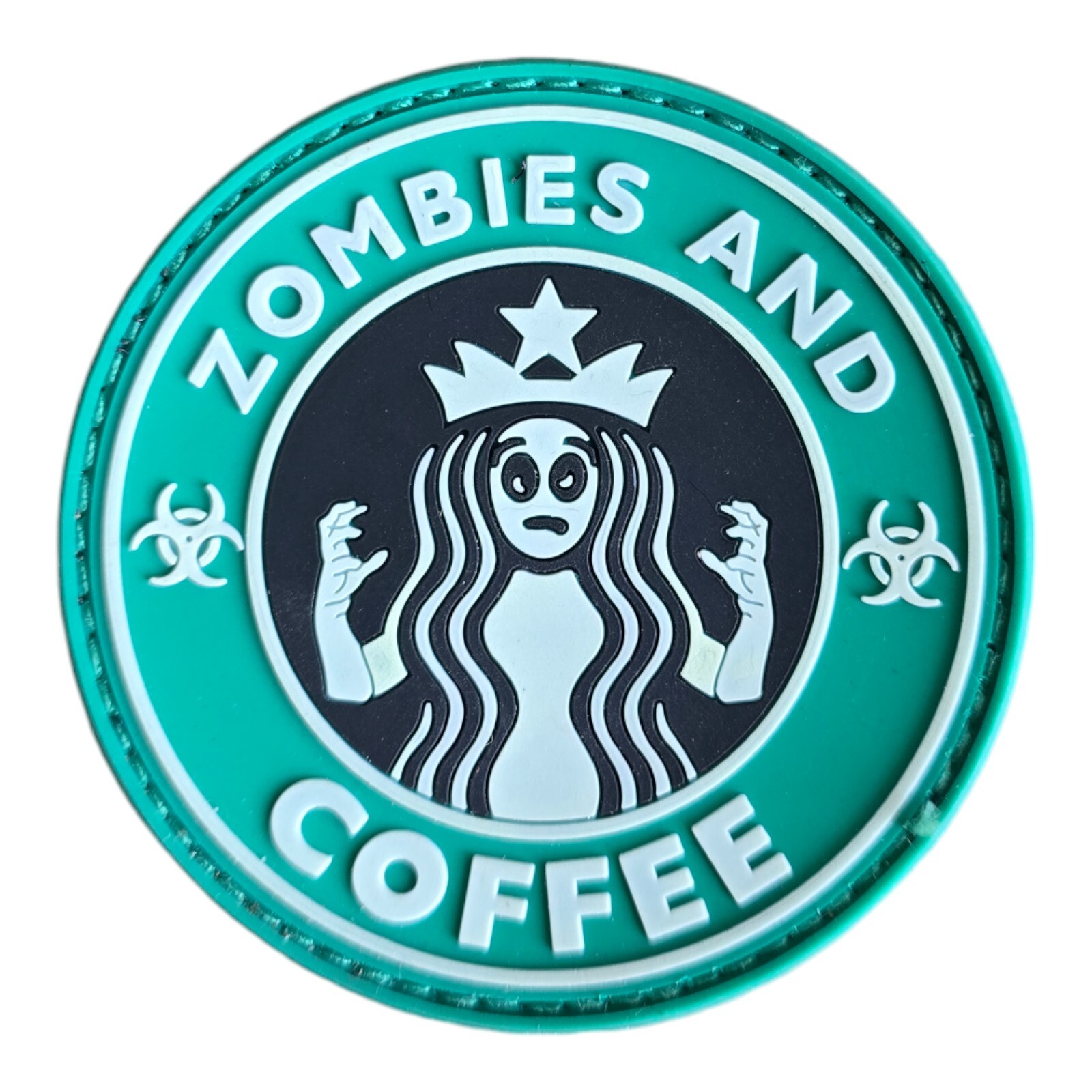 STARBUCKS ZOMBIES AND COFFEE WOMAN HAZARD GLOW PVC GREEN TACTICAL HOOK PATCH