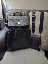 MCM Backpack Crossbody Bag Set - Black W/ Embossed Logo