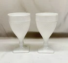 VINTAGE WESTMORELAND DIAMOND POINT MILK GLASS GOBLETS (2) SQUARE PEDESTAL BASE
