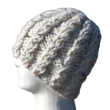 Alpaca Beanie Skully Hat Men Thick Chunky Hand Knit Wool Rib Biscotti White M-XL