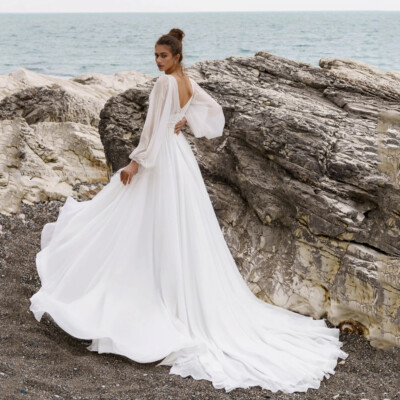 Beach Wedding Dresses Long Sleeves V Neck Lace Pleat High Slit Sexy Bride  Gowns | eBay