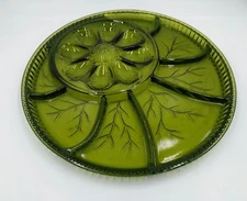 Vintage Green Indiana Glass Pebble Leaf Pattern 13" Deviled Egg Relish Dish