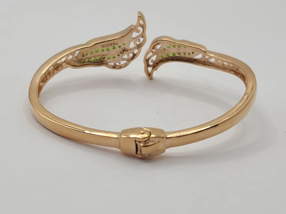 Brazalete brazalete con bisagras de pluma de plata de ley sobre oro rosa de 18 k de diopsido cromado Foto 4 de 4