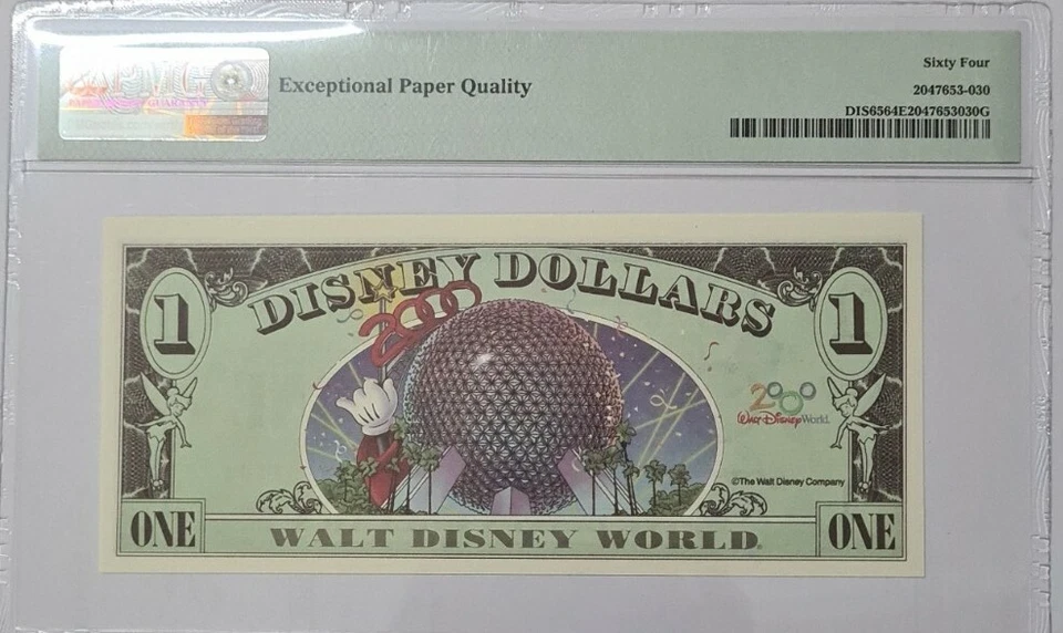 2000 $1 Disney Dollar Mickey PMG64 EPQ UNC @ Block AA @ Millenium Series - Image 2 of 4