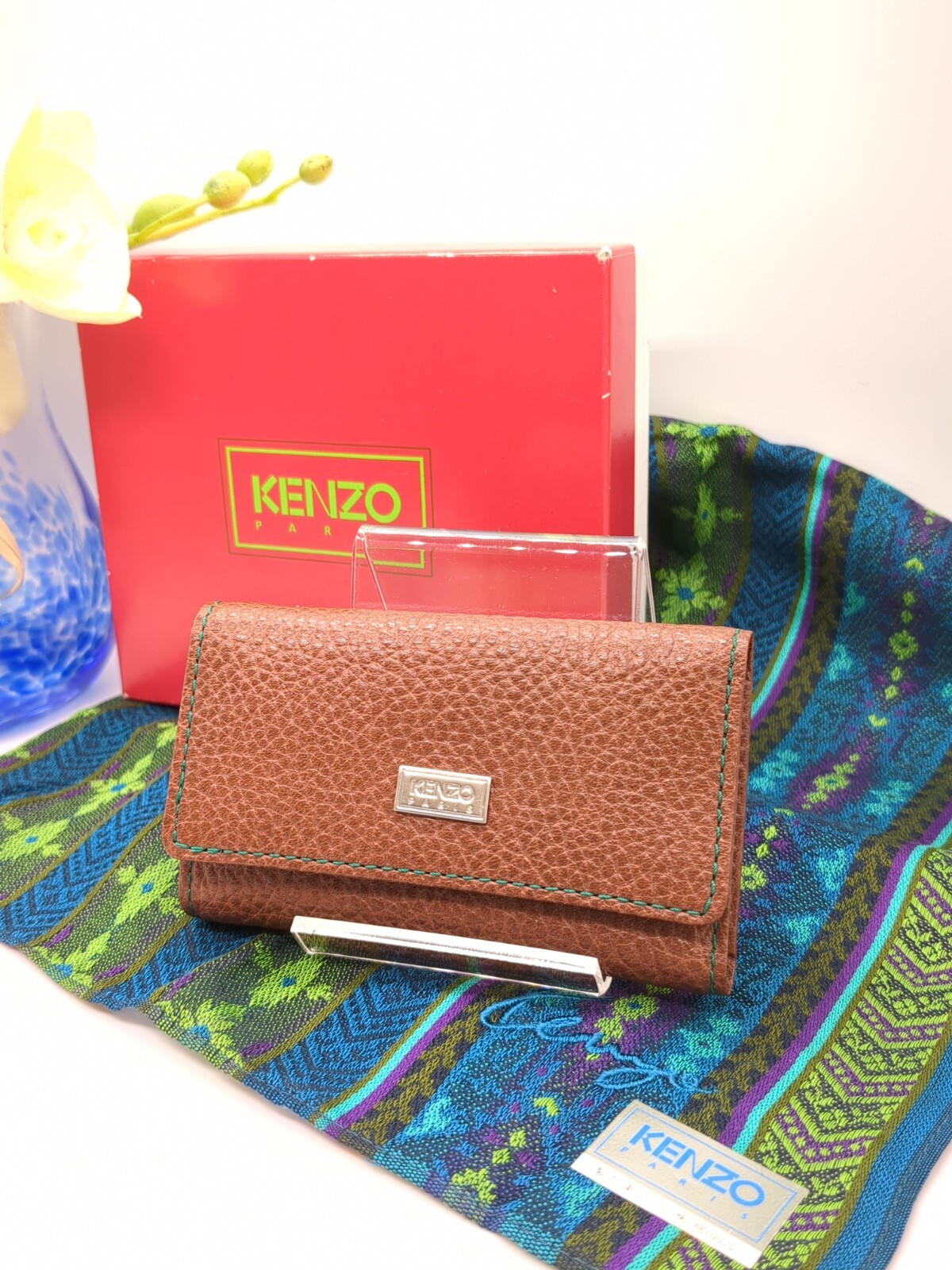 💛Vintage KENZO Paris Key Case Leather Rank [SA] & Handkerchief [New] / Set #31