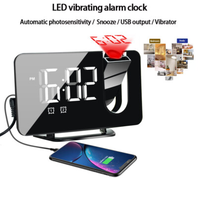LED Display Projection Alarm Clock Snooze Digital Dual Alarm Clock FM Radio USB