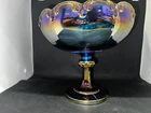 Vintage Indiana Glass Blue Iridescent Carnival Glass Compote Fruit Bowl 1970s