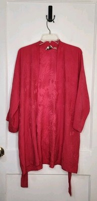 One Size Lynn La Cava 100% Silk Robe Dark Pink / Red Floral Detail W/ Belt