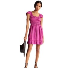 Anthropologie Womens Smocked-Waist Mini Dress Cap Sleeve Linen size L