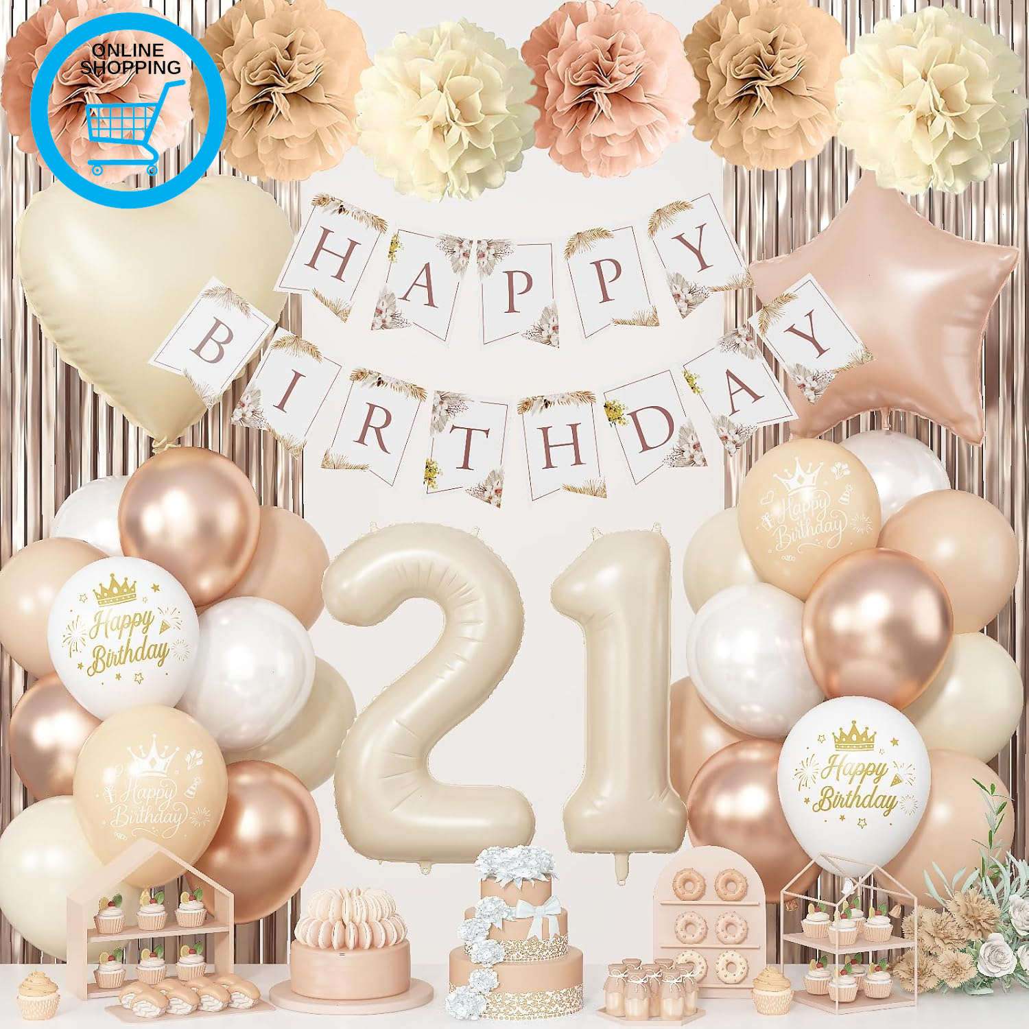 21St Cream Birthday Decorations for Her, Beige Number 21 Heart Tan Star Balloons