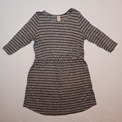 Faded Glory Drawstring Tee Dress Plus Suze 1X 16W Black Gray Stripes