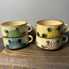 Vintage Norleans Stackable Tundra Flower Daisy Soup Bowls Mugs Set Of 4