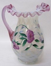 Vintage Fenton Ruffled Rose & Opaline HP Pitcher Signed b849