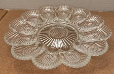 VTG Deviled Egg Server Oyster Platter Clear Glass 9 1/2” Holds 12 Eggs