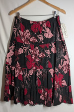 Y2K Vintage Claudia Richard Black Floral Tiered Boho Midi Stretch Skirt L Large