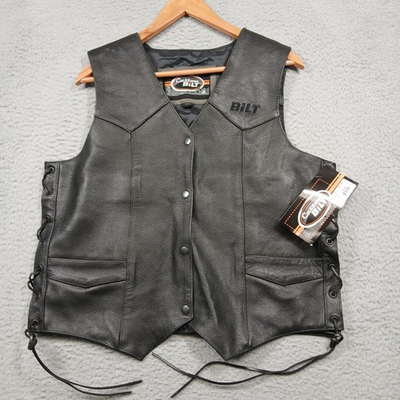 #ad Custom BILT Men#x27;s Leather Motorcycle Vest 2XL Black Genuine Leather Lace Up NWT $66.96